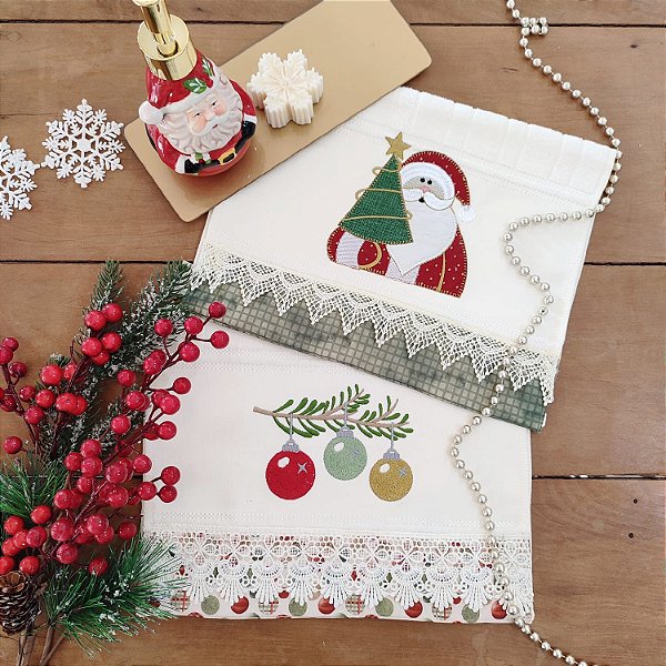 NATAL - KIT 2 TOALHAS DE LAVABO BORDADAS, NOEL/BOLINHAS 30CM X 45CM
