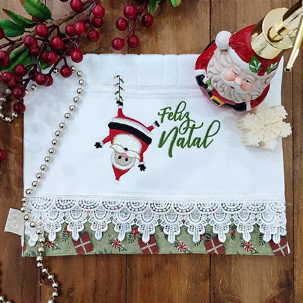 NATAL - TOALHA DE LAVABO BORDADA - NOEL CABEÇA P/ BAIXO