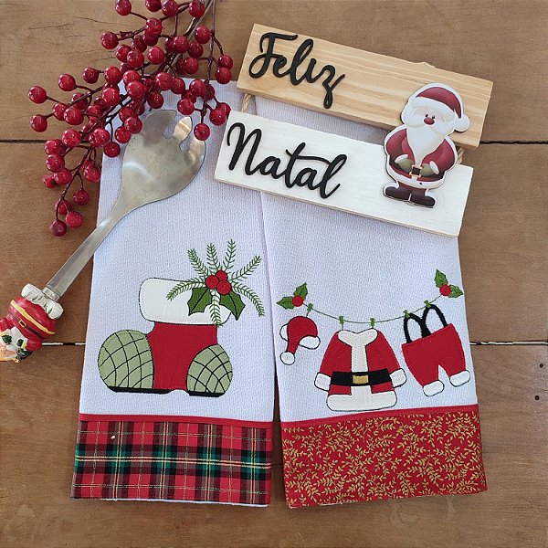 NATAL - KIT 2 PANOS DE PRATO BORDADOS, VARAL ROUPA/BOTA 65CM X 44CM