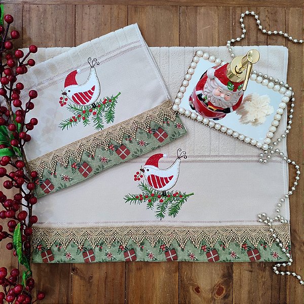 NATAL - KIT ROSTO E LAVABO BORDADO - PASSARO NATAL BEGE