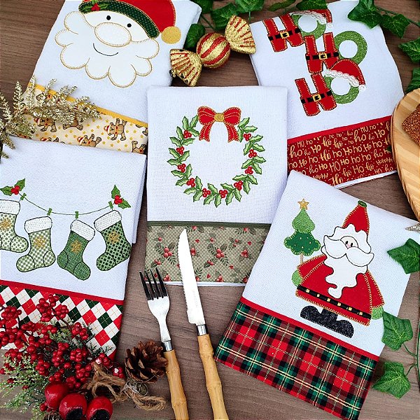NATAL - KIT 5 PANOS DE PRATO BORDADOS, GUIRLANDA 65CM X 44CM