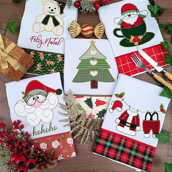 NATAL - KIT 5 PANOS DE PRATO BORDADOS, ARVORE 65CM X 44CM