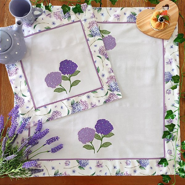 CENTRO DE MESA E FOGÃO – HORTENSIA, 100% ALGODÃO.
