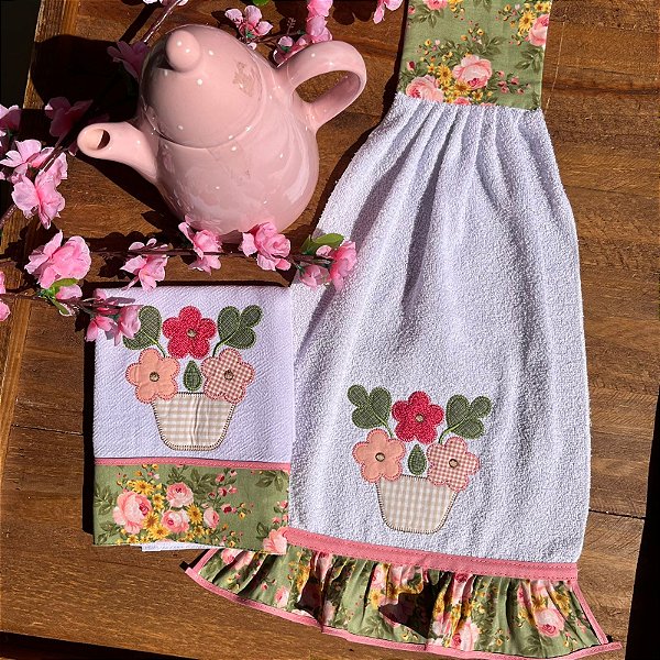 JOGO BATE MÃO E PANO DE PRATO - VASO ROSA.