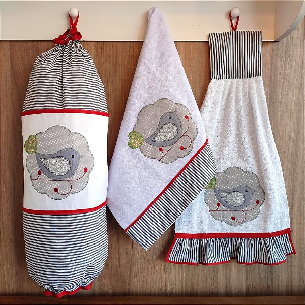 KIT 3 PEÇAS - BATE MÃO, PUXA SACO E PANO DE PRATO - BIRD CINZA