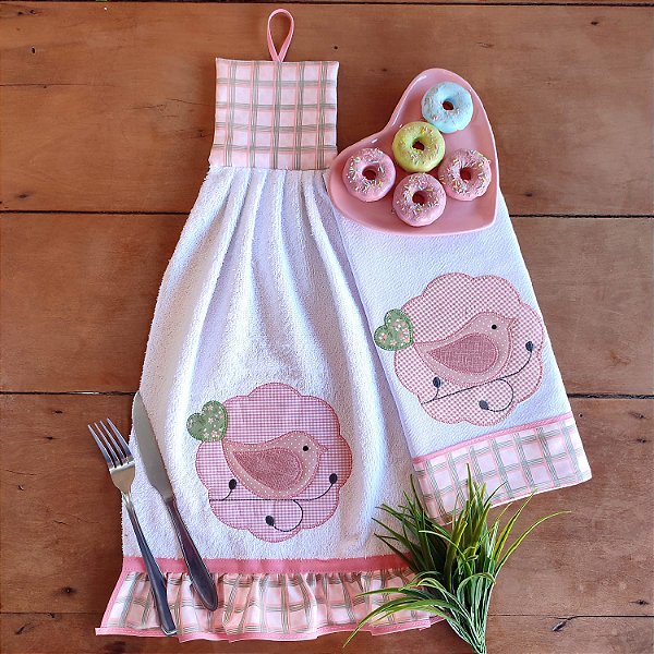 JOGO BATE MÃO E PANO DE PRATO - BIRD ROSA