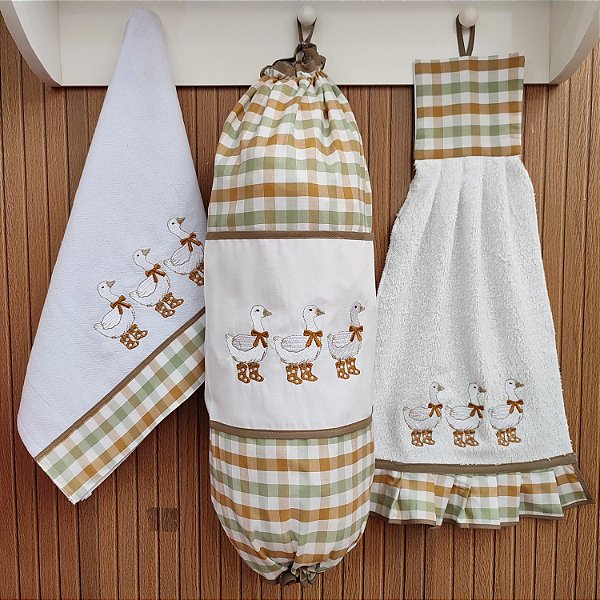 KIT 3 PEÇAS PATO COUNTRY - BATE MÃO, PUXA SACO E PANO DE PRATO.