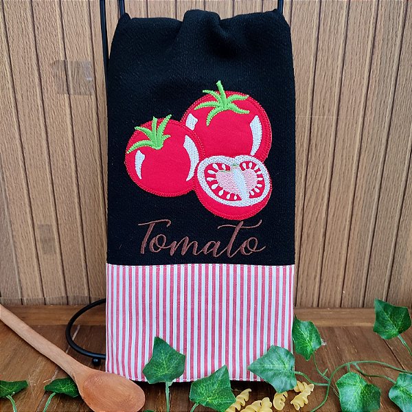 PANO DE PRATO PRETO - TOMATE VERMELHO, 65CM X 44CM.