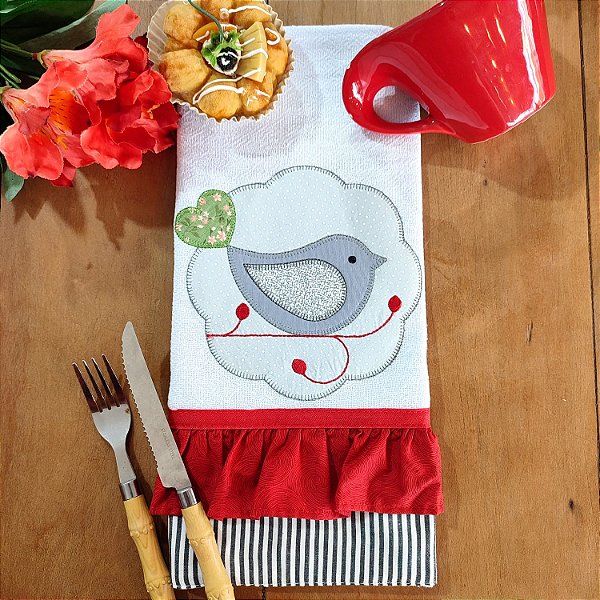 PANO DE PRATO BABADO – BIRD CINZA, 65CM X 44CM.
