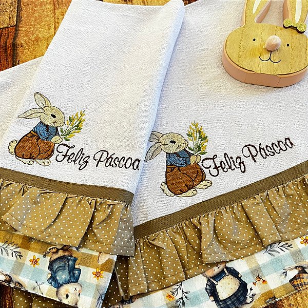 PANO DE PRATO BABADO PASCOA – FELIZ PÁSCOA, 65CM X 44CM.