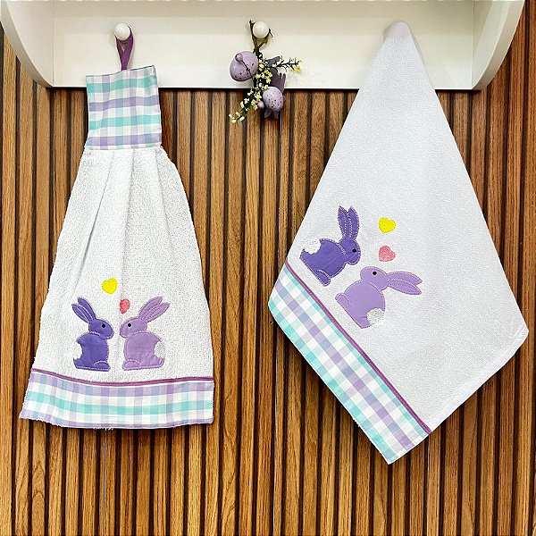 JOGO BATE MÃO E PANO DE PRATO PÁSCOA - COELHO ROXO