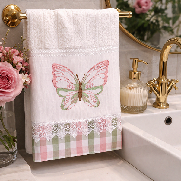 TOALHA DE LAVABO AVULSO BORDADO - BORBOLETA ROSA, 30cm x 45cm.