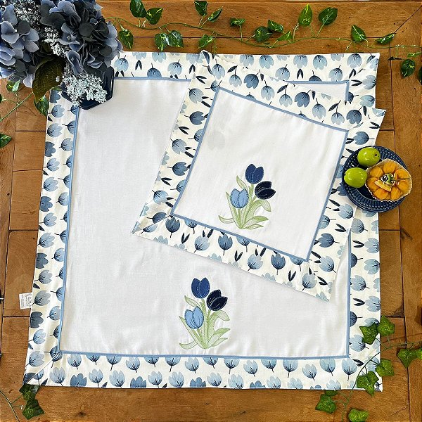 Centro de Mesa e Fogão - TULIPA AZUL, 100% Algodão.