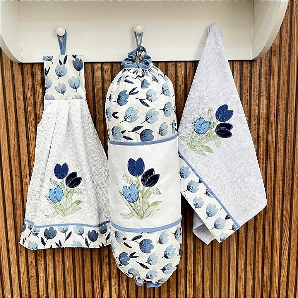 KIT 3 PEÇAS TULIPA AZUL - BATE MÃO, PUXA SACO E PANO DE PRATO.
