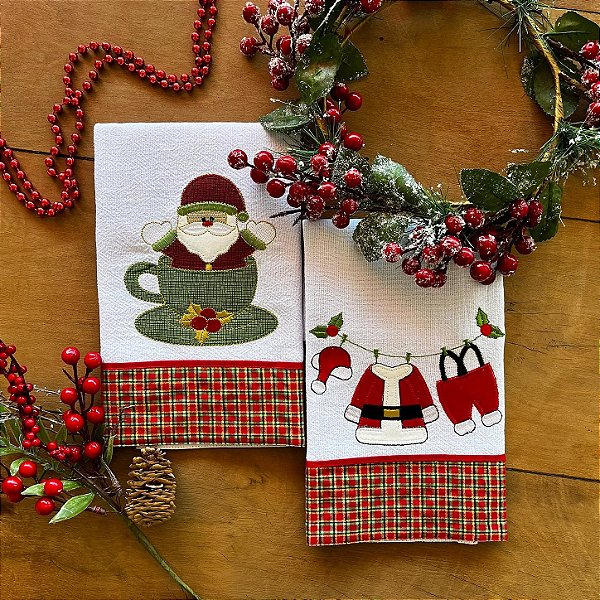 KIT 2 PANOS DE PRATO BORDADO NATAL - 018, 65X44CM