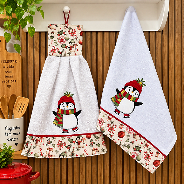 JOGO BATE MÃO E PANO DE PRATO NATAL - PINGUIM.