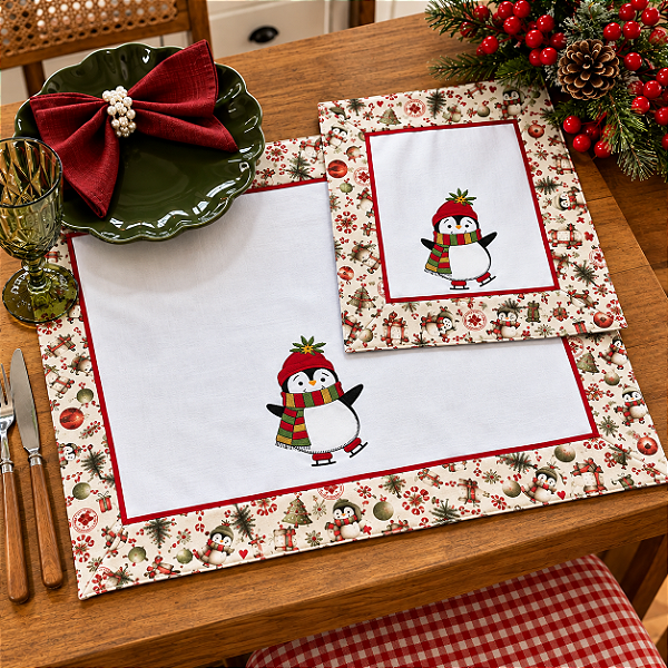 Centro de Mesa e Fogão NATAL- PINGUIM, 100% Algodão.