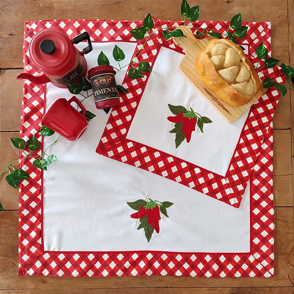 CENTRO DE MESA E FOGÃO – PIMENTA XADREZ, 100% ALGODÃO.