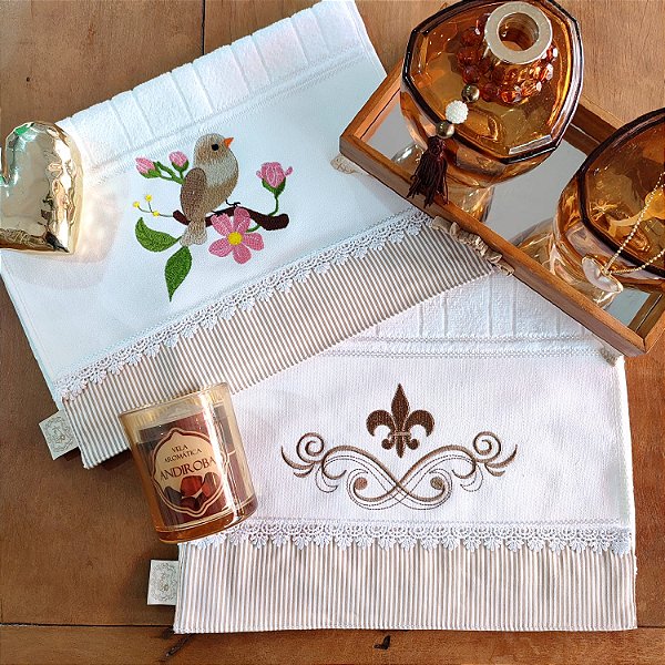 KIT 2 TOALHAS DE LAVABO BORDADAS - PASSARO LIZ