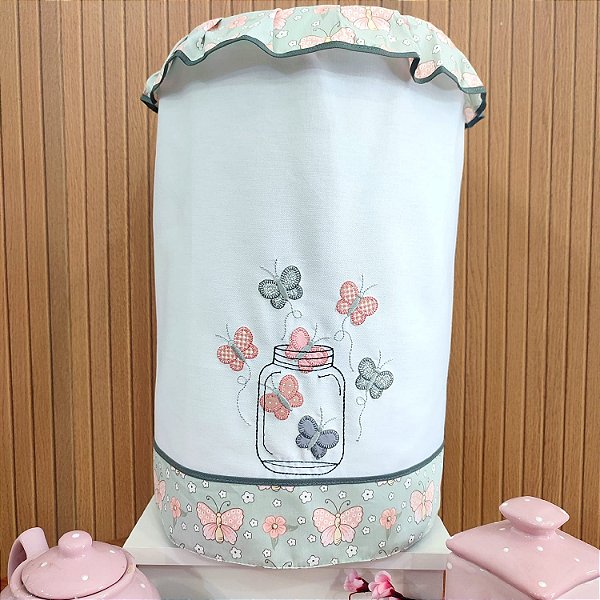 CAPA GALÃO 10 LITROS – BORBOLETAS CINZA, 27CM X 25CM.