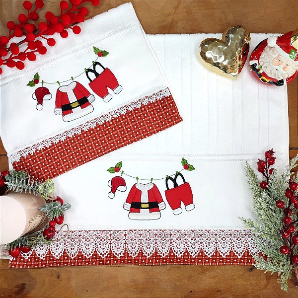 NATAL - KIT ROSTO E LAVABO BORDADO - VARAL DE ROUPAS