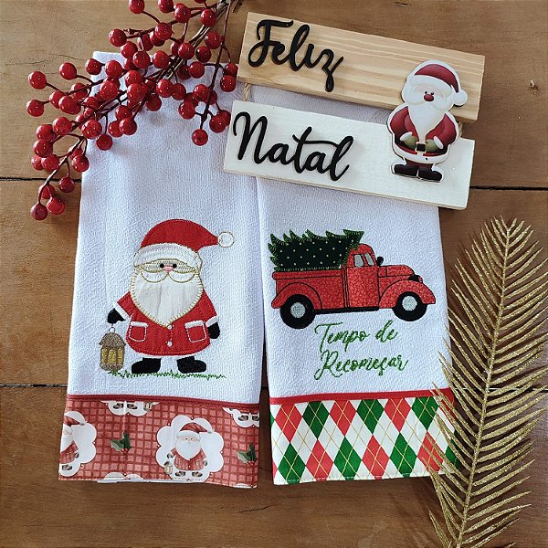 NATAL - KIT 2 PANOS DE PRATO NOEL LUZ/COMBI, 65X44CM