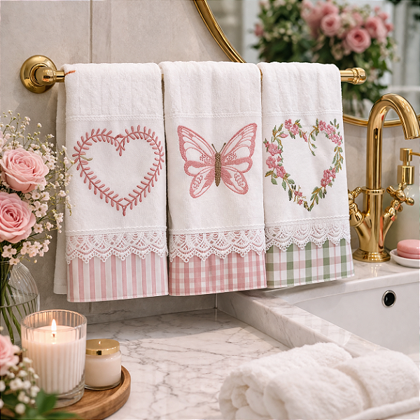 KIT 3 TOALHAS DE LAVABO BORDADO - ROSA