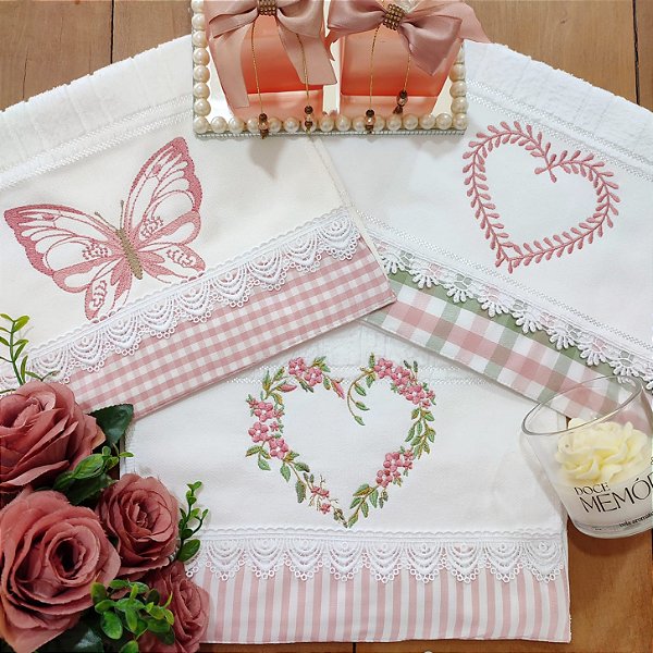 KIT 3 TOALHAS DE LAVABO BORDADO - ROSA