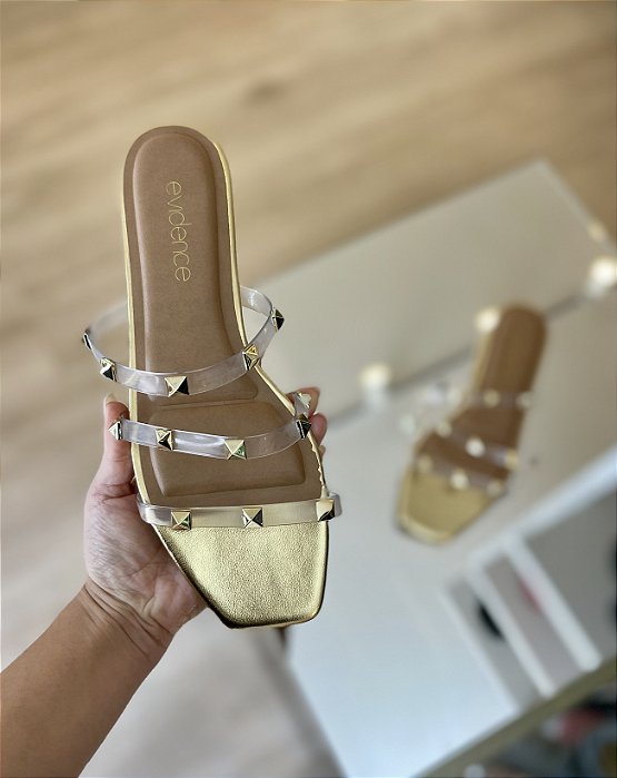 Rasteira Tiras Vinil Spikes Dourada Tassia
