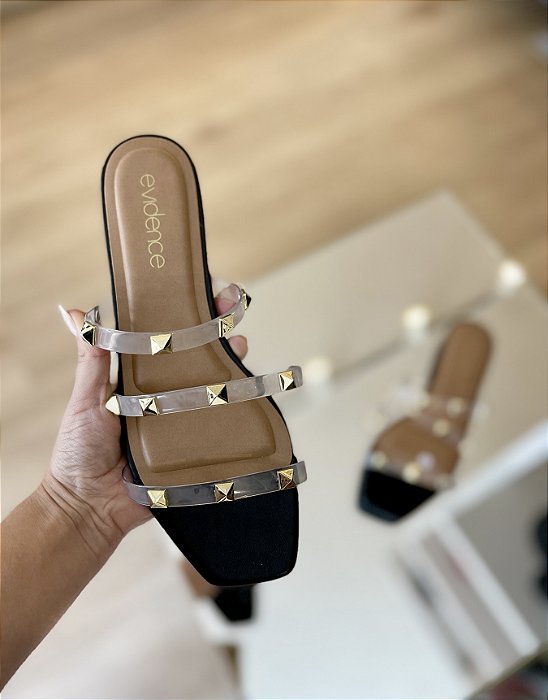 Rasteira Tiras Vinil Spikes Preta Tassia