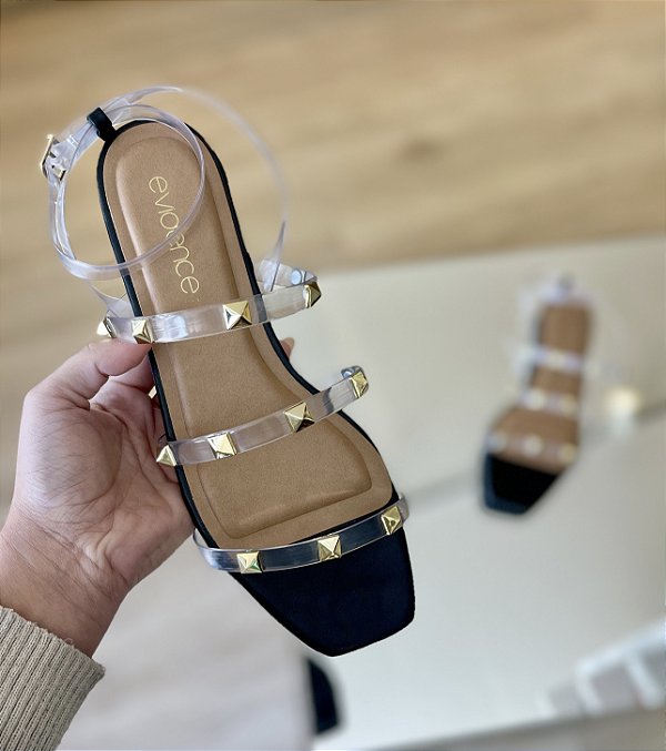Sandália Rasteira Tiras Vinil Spikes Preta Tassia