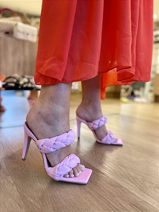 Tamanco Rosa Duas Tiras Estofadas Bico Quadrado Vanessa