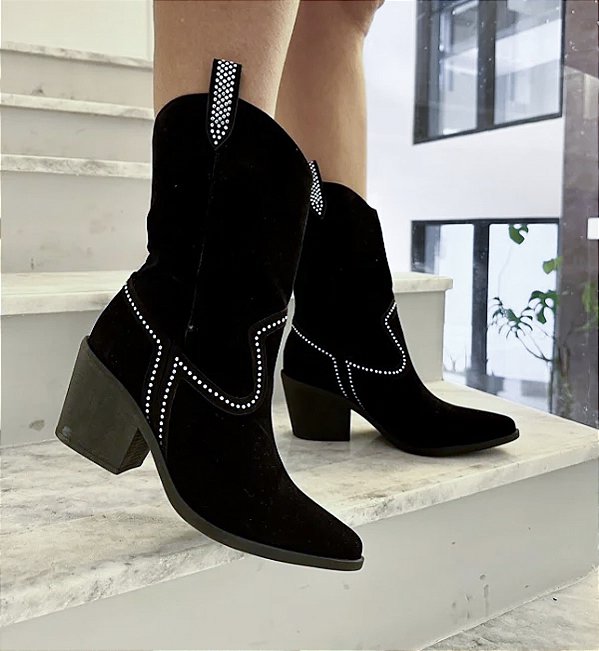Bota Western Camurça Preta Com Strass Natasha
