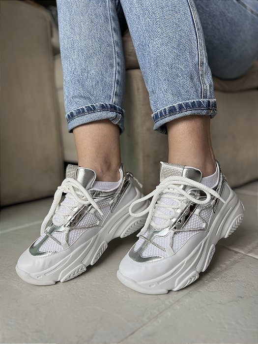Tênis Chunky Branco com Prata Ravena