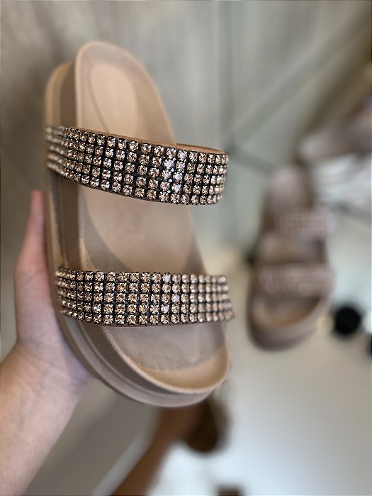 Papete Bege Tiras Strass Rose Ale