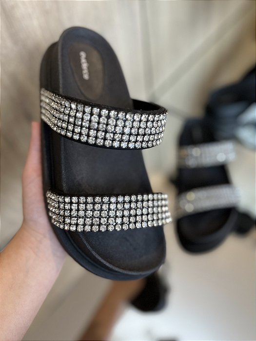 Papete Preta Tiras Strass Prata Ale