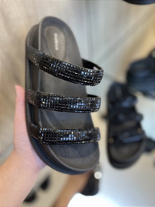 Papete Preta Tiras Strass Preta Bea