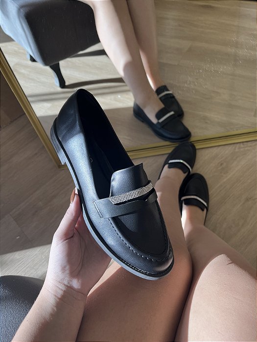 Mocassim Preto Com Strass Nina