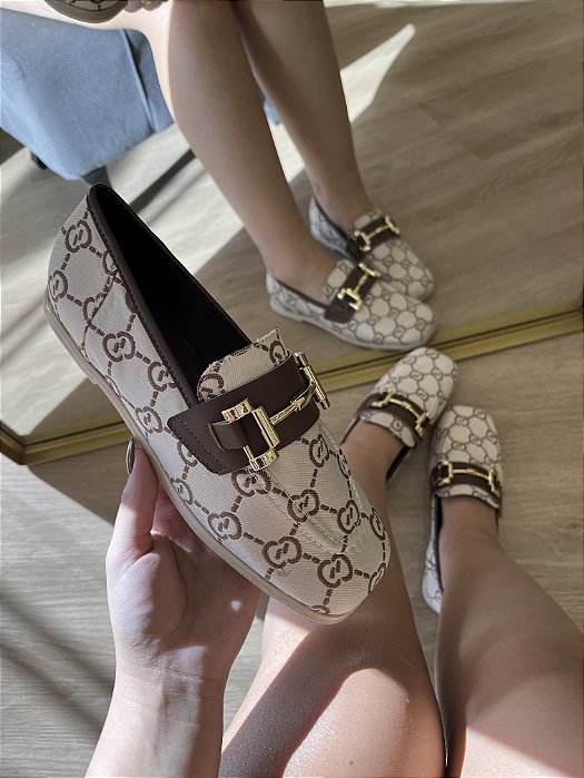 Mocassim Bege Estampado Com Fivela Erica