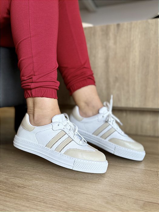 Tênis Casual Couro Branco e Bege Marjorie