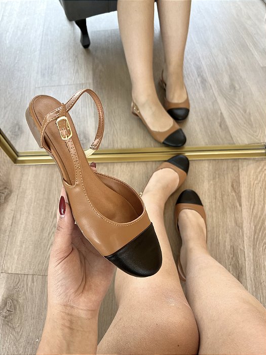 Sapatilha Slingback Caramelo/Preto Leila