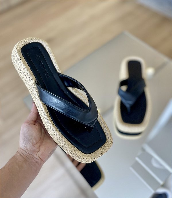 Flat Palha Com Tiras Pretas Marilia