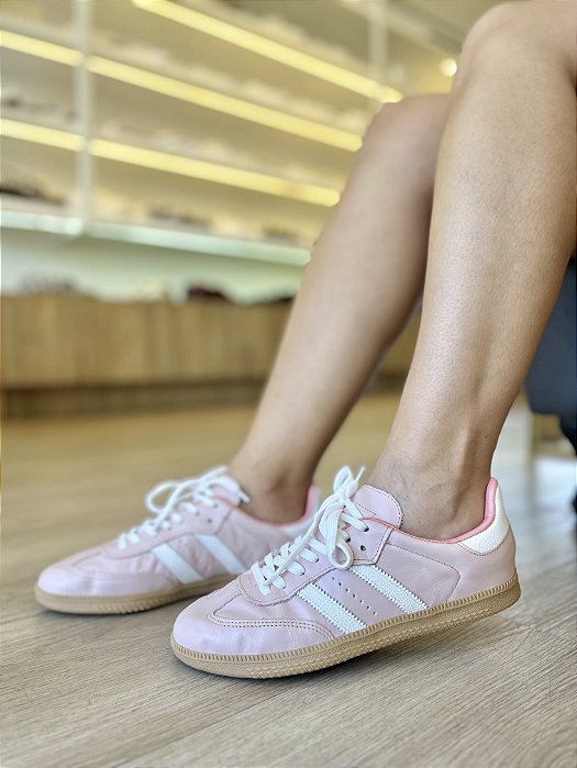 Tênis Slim Couro Rosa Detalhe Branco Meri