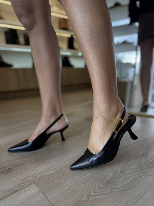 Scarpin Slingback Couro Preto 7cm Cássia
