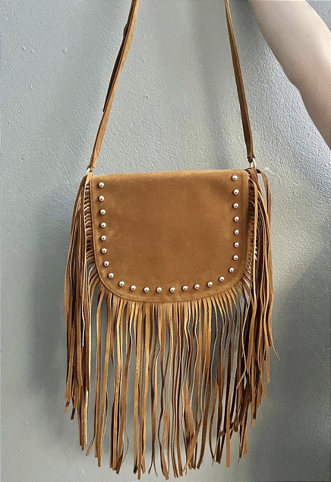 Bolsa Caramelo Camurça Com Aplicações Dourada E Franja Viena