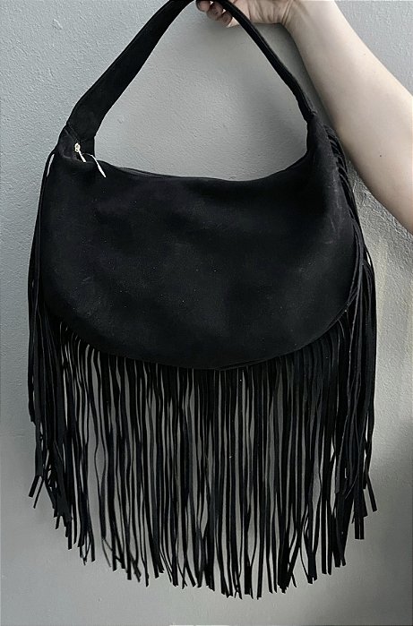 Bolsa Preta 2 em 1 Em Camurça Com Franjas Ibiza