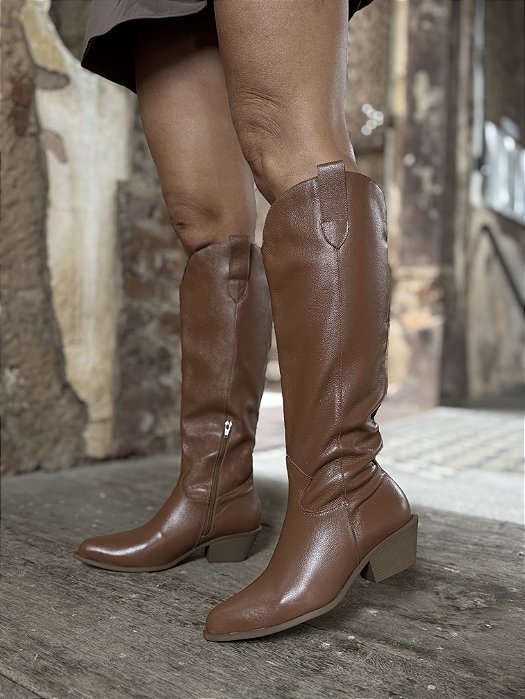 Bota Western Caramelo Em Couro Cano Longo Lorena