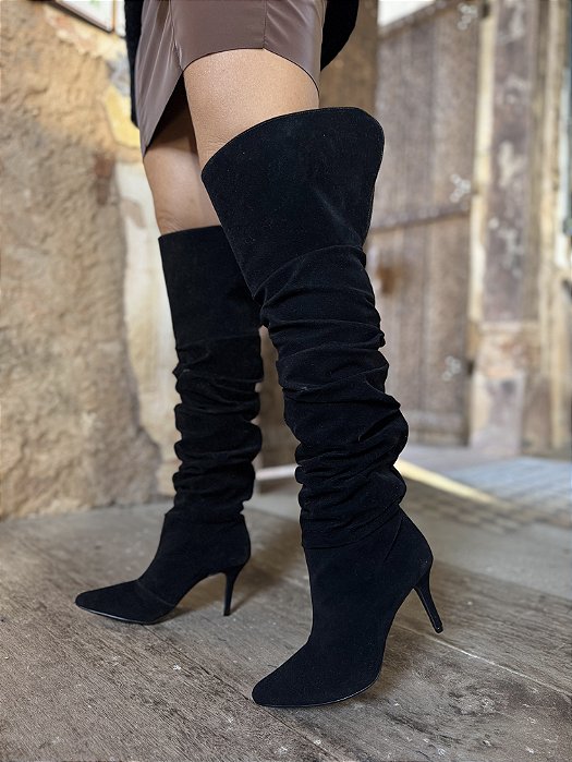 Bota Over Slouch Camurça Preta Salto Fino Naiara