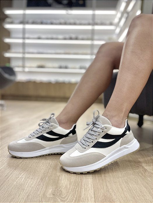 Tênis Casual Napa Recortes Camurça Preto/Taupe Estela