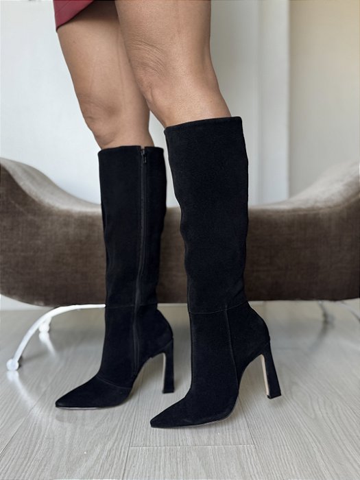 Bota Preta Cano Longo Couro Camurça Samanta